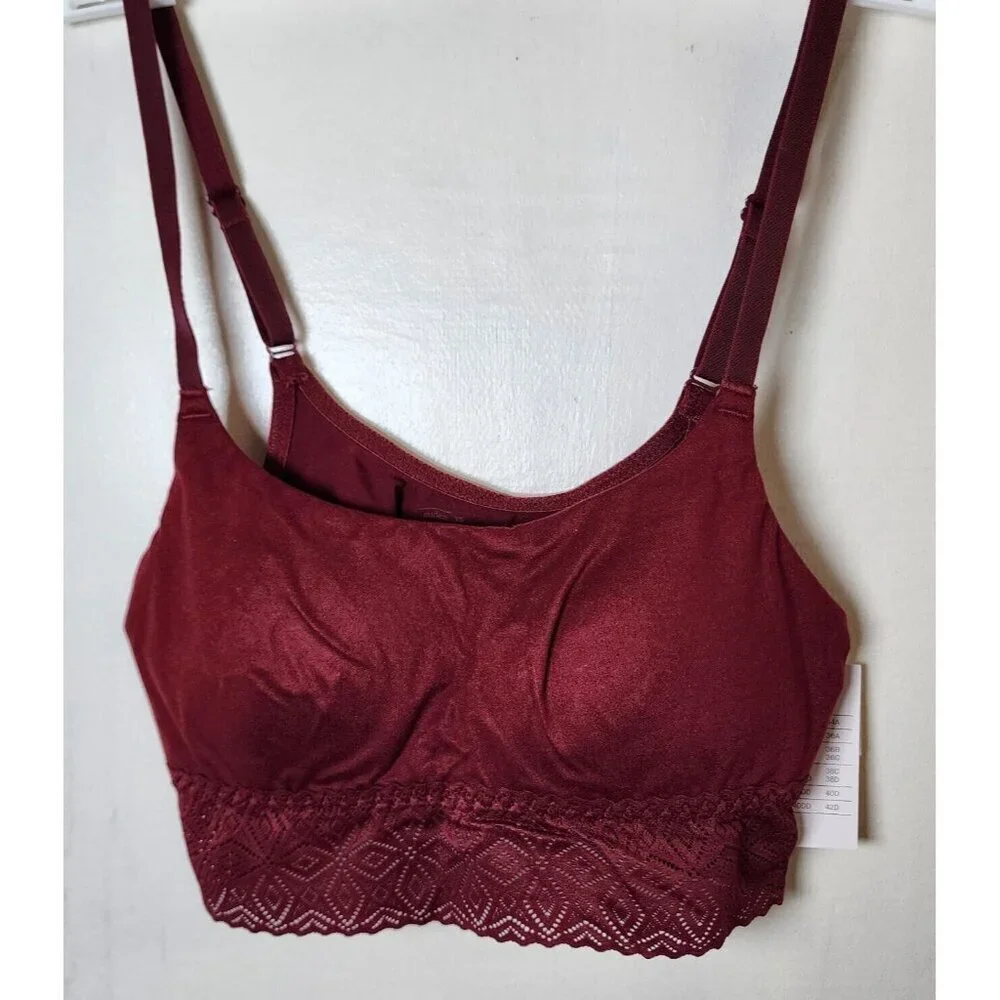 New Auden Women's Burgundy Lightly Line Wireless Long Bralette Pullover Size S